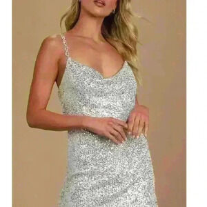 New with Tags - LuLus Behavior Silver Sequin Cowl Neck Mini Dress. Size Medium